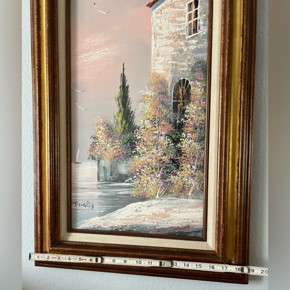 Vtg Oceanside Villa Pastel Floral Oil Painting On Canvas Signed Wood Frame - Picture 4 of 8